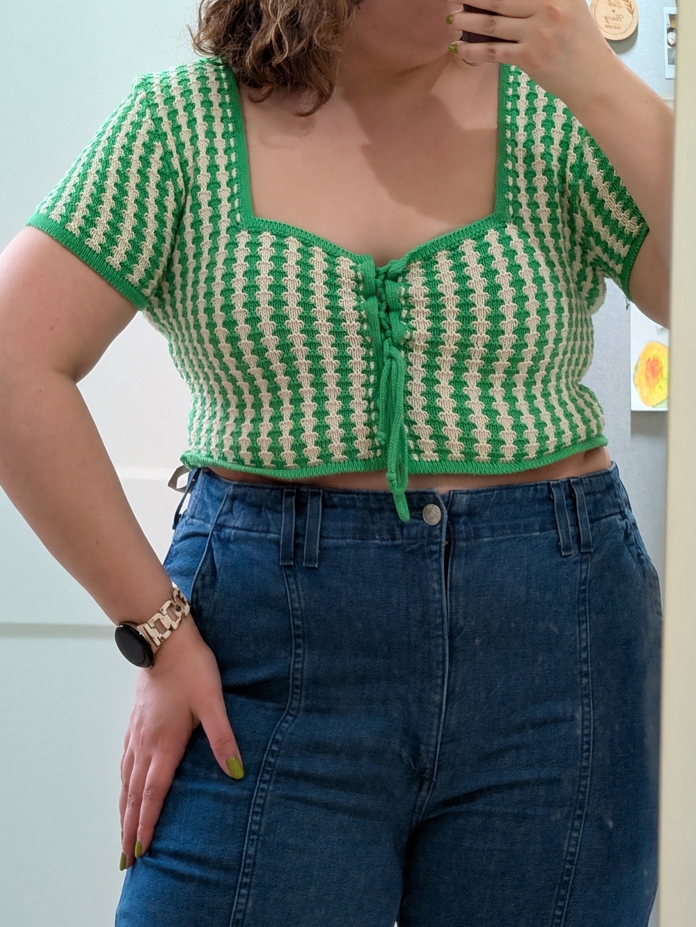 Zara Green & Cream Crochet Cropped Tie-Front Top Size L